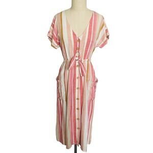Lush Pink Striped Linen Button Front Tie Cut Out Midi Dress